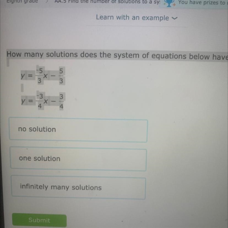 How many solutions does the system of equations below have? 5 5 у 3 3 3 y = x 3 no-example-1