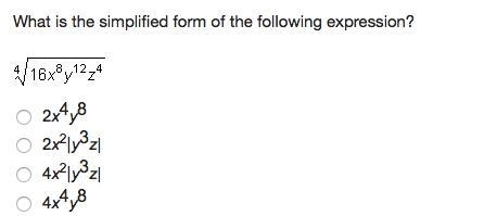 What is the simplified form of the following expression? ^4 sqrt 16x^8y^12z^4-example-1