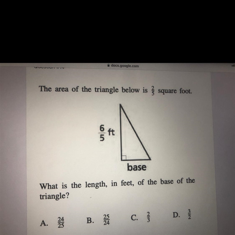 The area of the triangle below is 2/5 square foot. What is the length, in feet, of-example-1