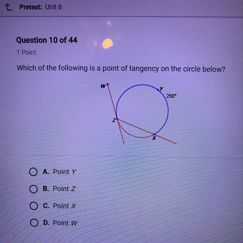 Which of the following is a point of tangency on the circle below? Pls answer ASAP-example-1