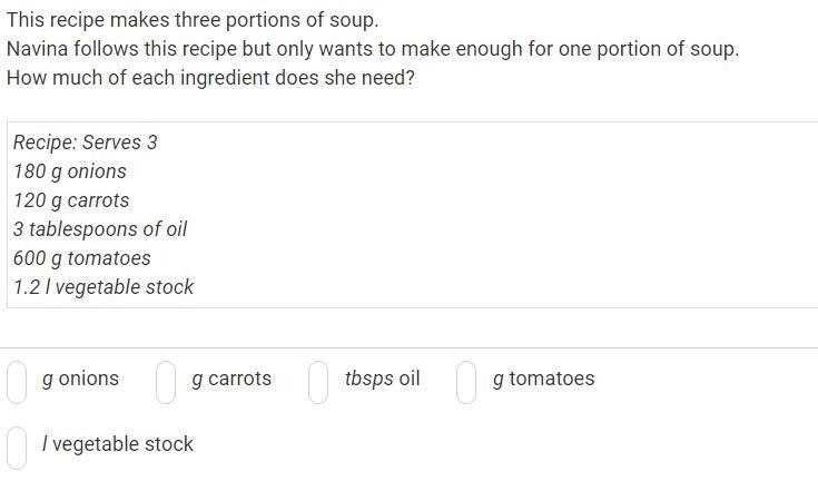 Plss help^^ This recipe makes three portions of soup. Navina follows this recipe but-example-1