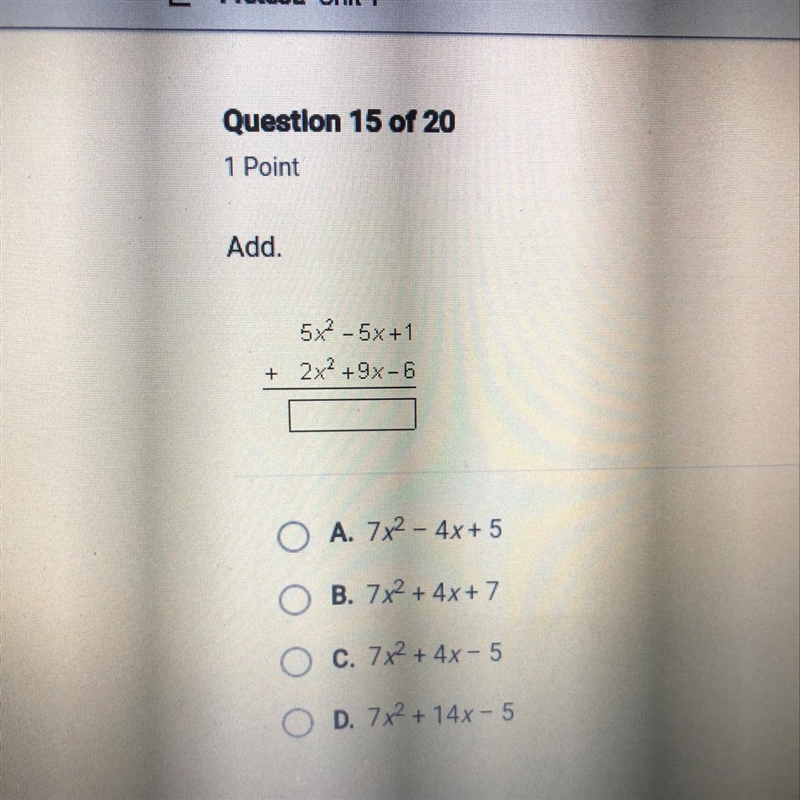 Add. 5x^2- 5x+1 2x^2+9x-6-example-1