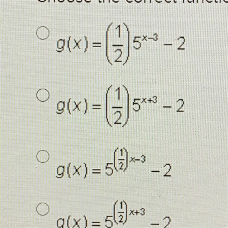 The parent function, Rx) = 5*, has been vertically compressed by a factor of one-half-example-1