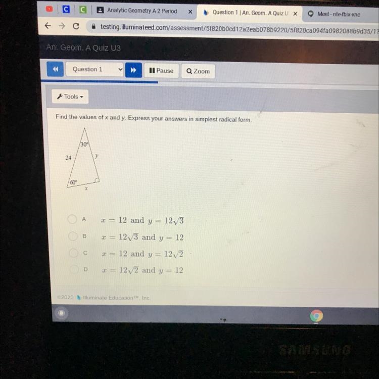 HELP PLEASE!!! Find the values of x and y. Express your answers in simplest radical-example-1