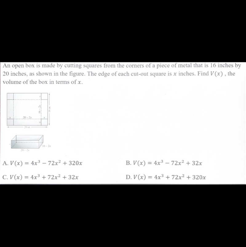 An open box is made by cutting squares from the corners of a piece of metal that is-example-1