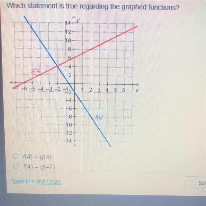 Which statement is true regarding the graphed functions?-example-1