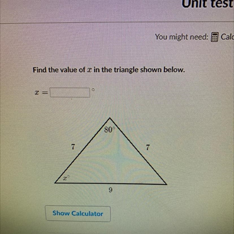 Find the value of X in the triangle shown below.-example-1