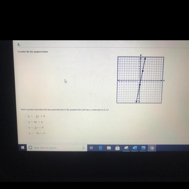 Which equation describes the line perpendicular to the graphed line and has a y intercept-example-1