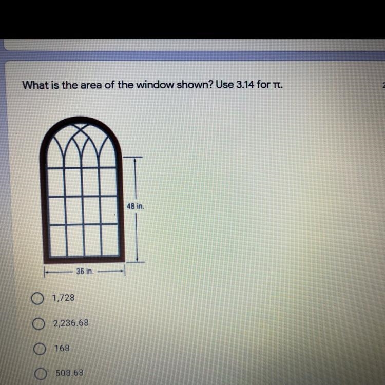 What is the area of the window shown? Use 3.14 for pi.-example-1