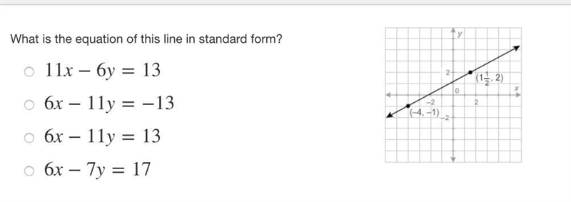 What is the equation of this line in standard form? 11x−6y=13 6x−11y=−13 6x−11y=13 6x-example-1