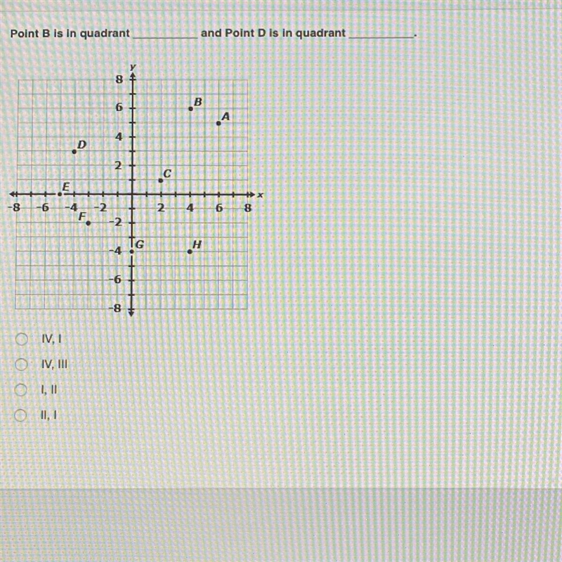 Point B is in quadrant _____ And point D is in quadrant _____ (PLZ HELP ASAP!!!!!)-example-1