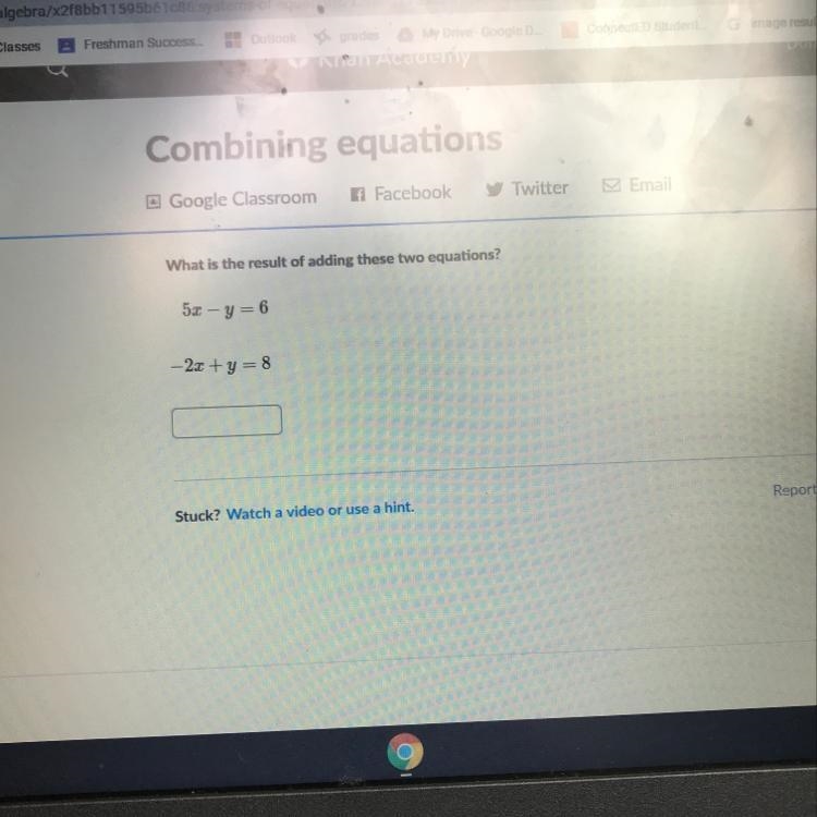 What is the result of adding these two equations? 5x-y=6 -2x+y=8-example-1