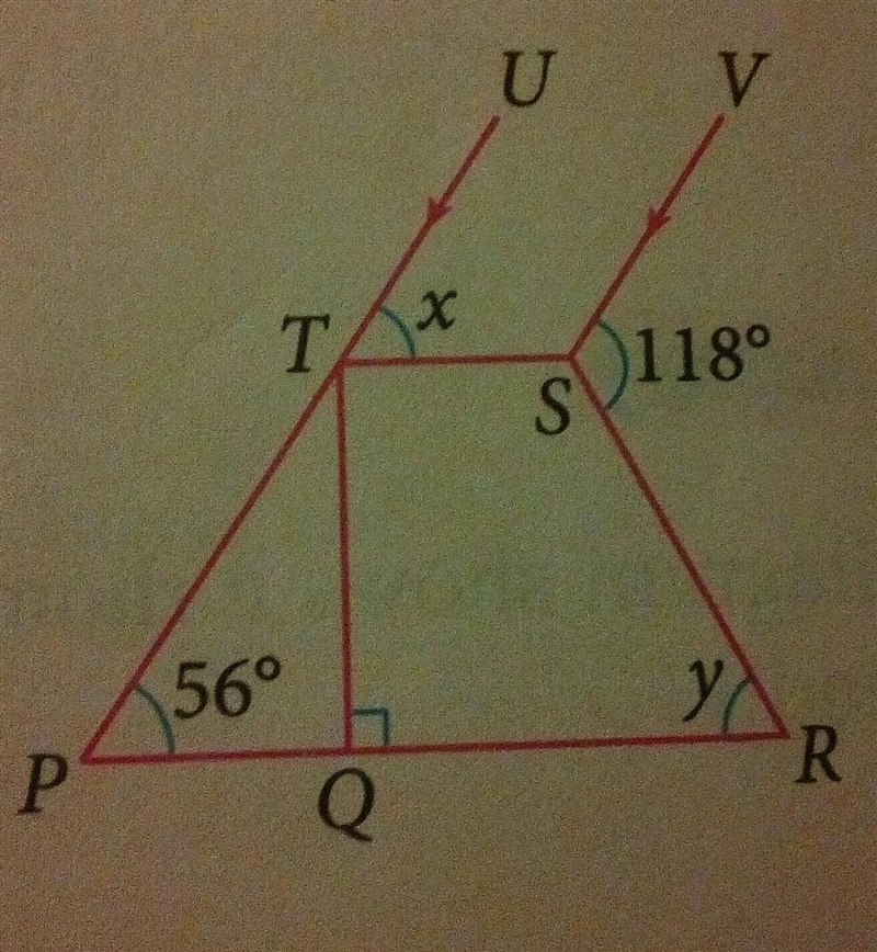 PRST is a trapezium. PQR and PTU are straight lines. Find the values of x and y.​-example-1