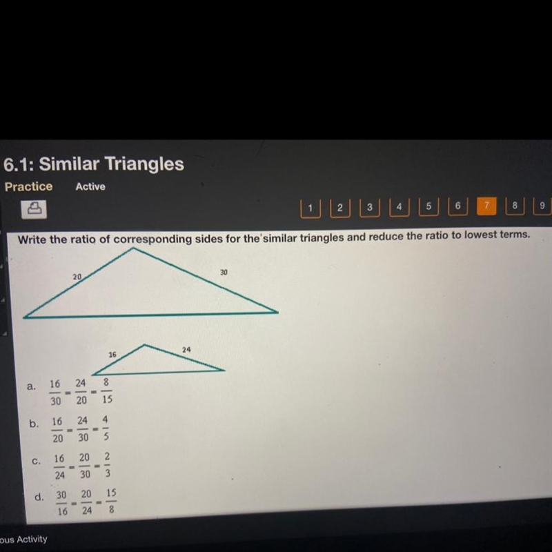 Write the ratio of corresponding sides for the similar triangles and reduce the ratio-example-1