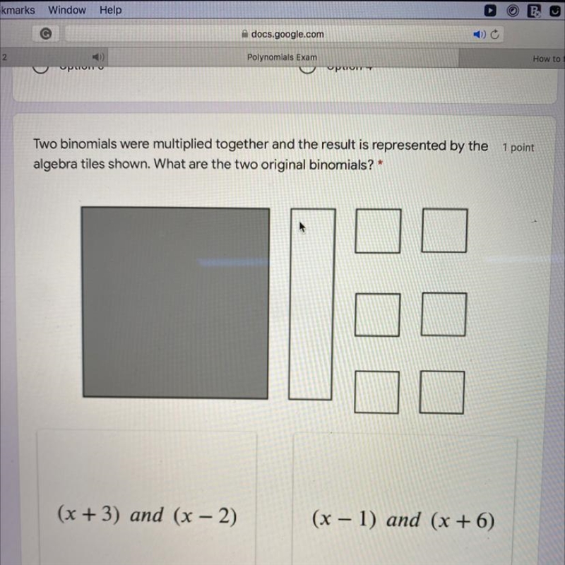 Two binomials were multiplied together and the result is represented by the 1 point-example-1