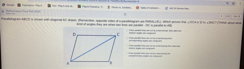 Parallelogram ABCD is shown with diagonal AC drawn. (Remember, opposite sides of a-example-1