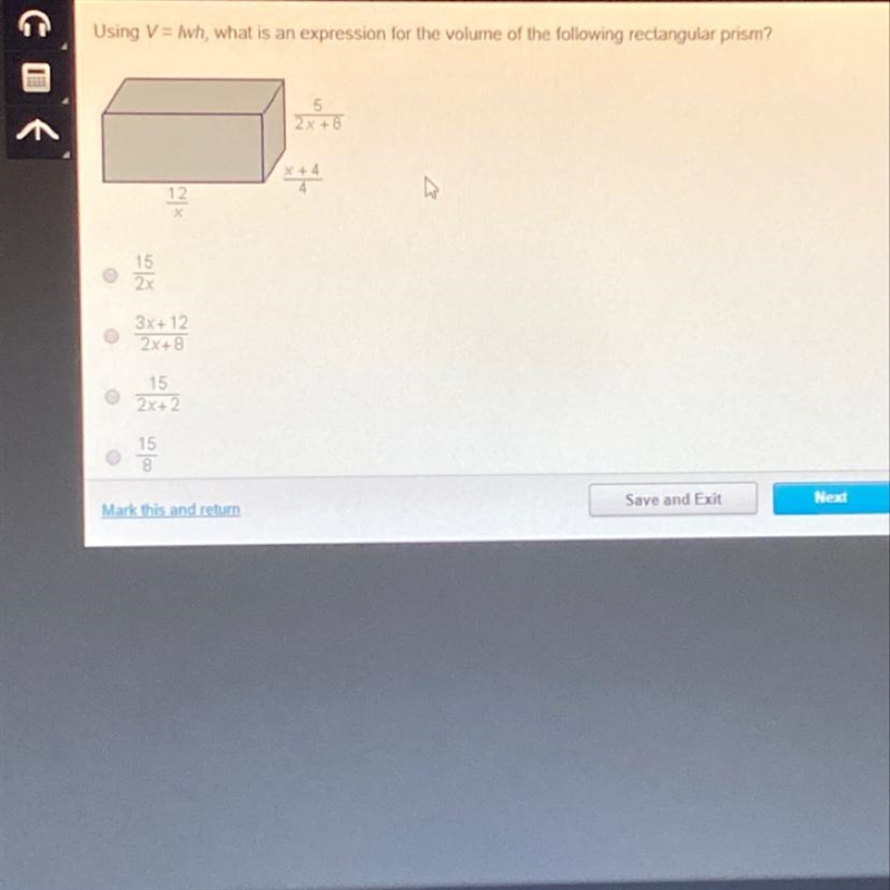 Urgent!!! What is the volume of this rectangular prism? Picture provided. A: 15/2x-example-1