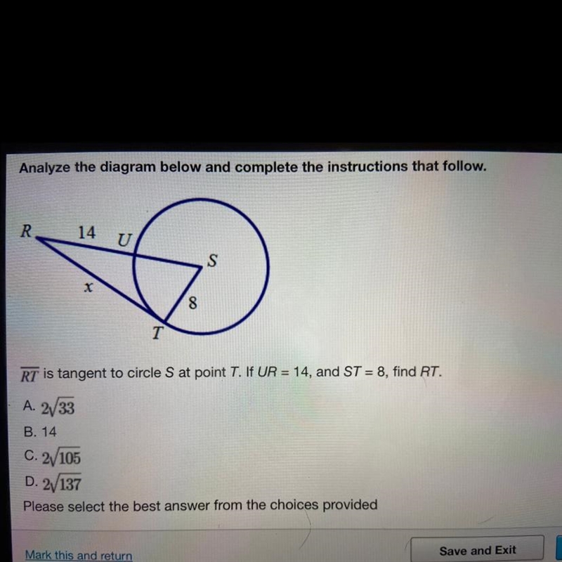 RT is tangent to circle S at point T. if UR=14, and ST=8, find RT-example-1