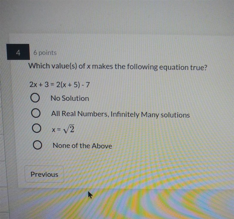 Which value(s) of x makes the following equation true? 2x + 3= 2(x + 5) - 7​-example-1