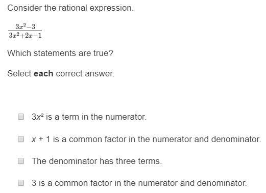 Consider the rational expression (IMAGE ATTACHED) 3x^2−3/ 3x^2+2x−1 Which statements-example-1