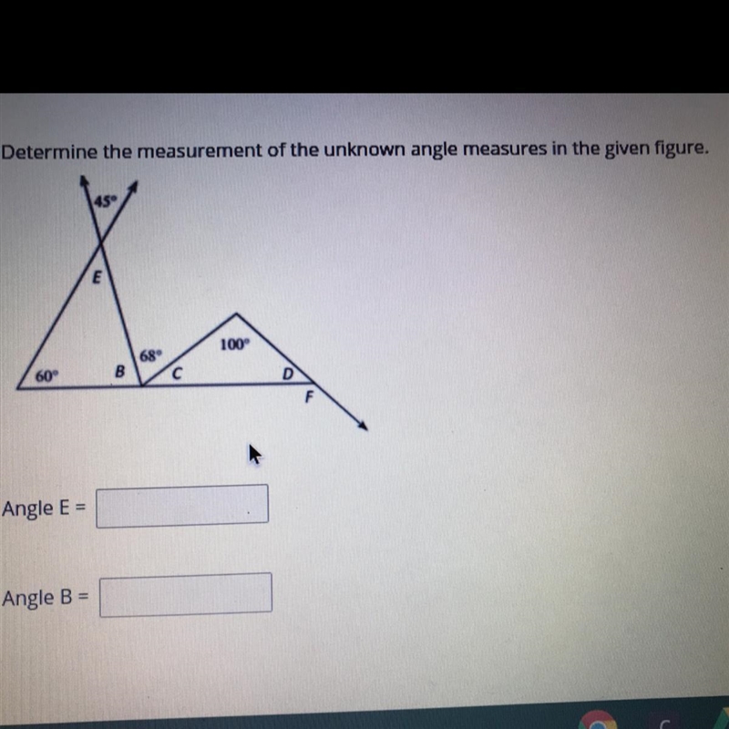 Determine the measurement of the unknown angle measures in the given figure.-example-1