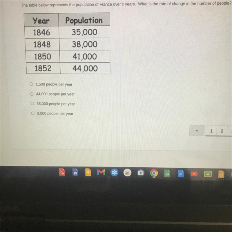 The table below represents the population of France over x years.What is the rate-example-1