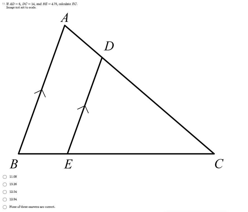 If AD = 6, DC = 14, and BE = 4.75, calculate EC. Image not set to scale.-example-1