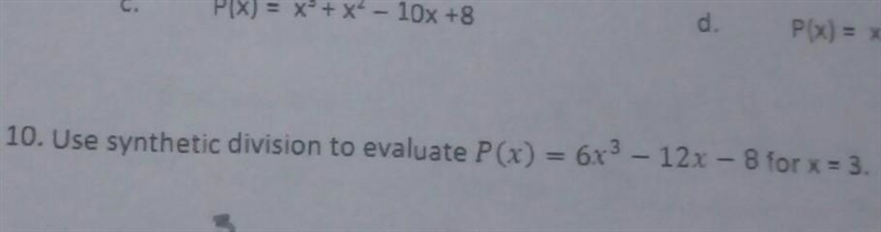 Use synthetic division to evaluate p(x)=6x^3-12x-8 for x=3​-example-1