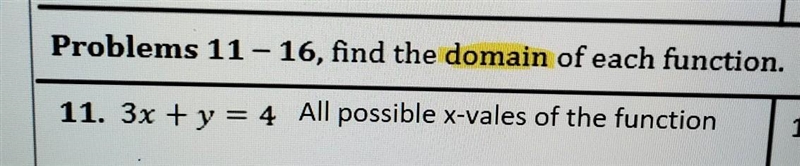 Problems 11-16, find the domain of each function. 11. 3x + y = 4 All possible x-vales-example-1