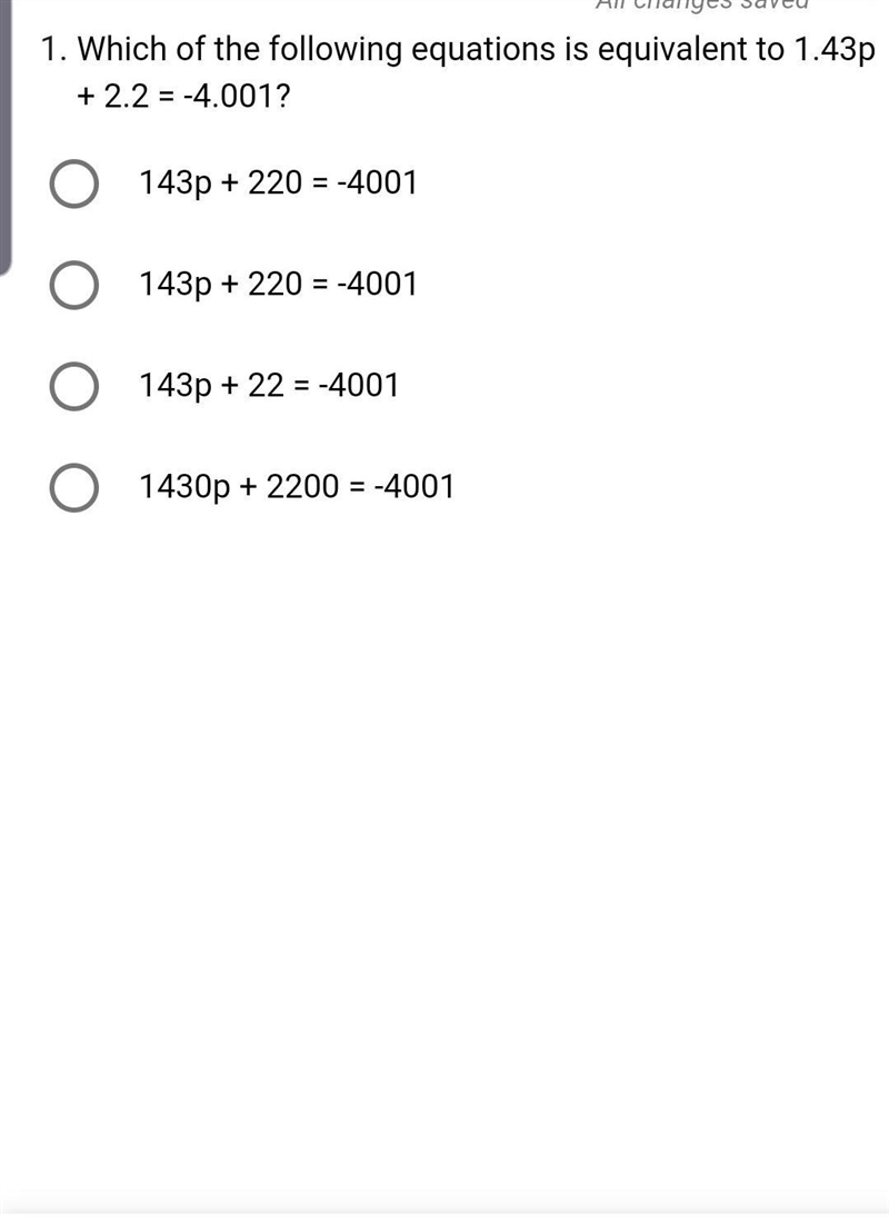 1.  Which of the following equations is equivalent to 1.43p + 2.2= -4.001 use photo-example-1