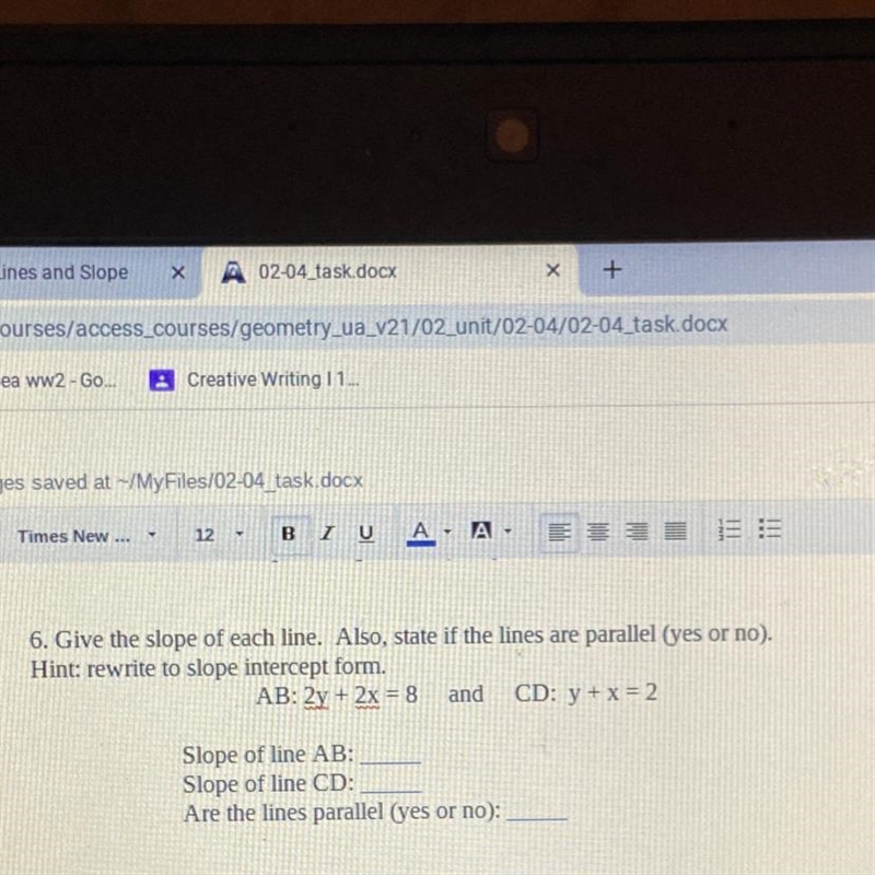 6. Give the slope of each line. Also, state if the lines are parallel (yes or no). Hint-example-1
