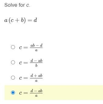 Solve for c. a(c + b)=d-example-1