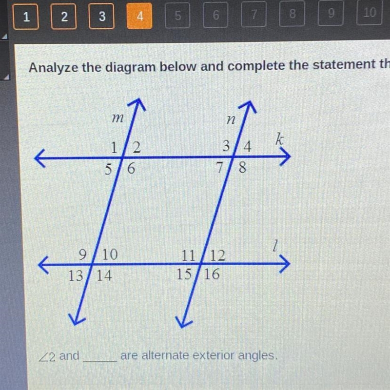 Z2 and _______are alternate exterior angles. A. <9 B. <10 C. <13 D. <14-example-1