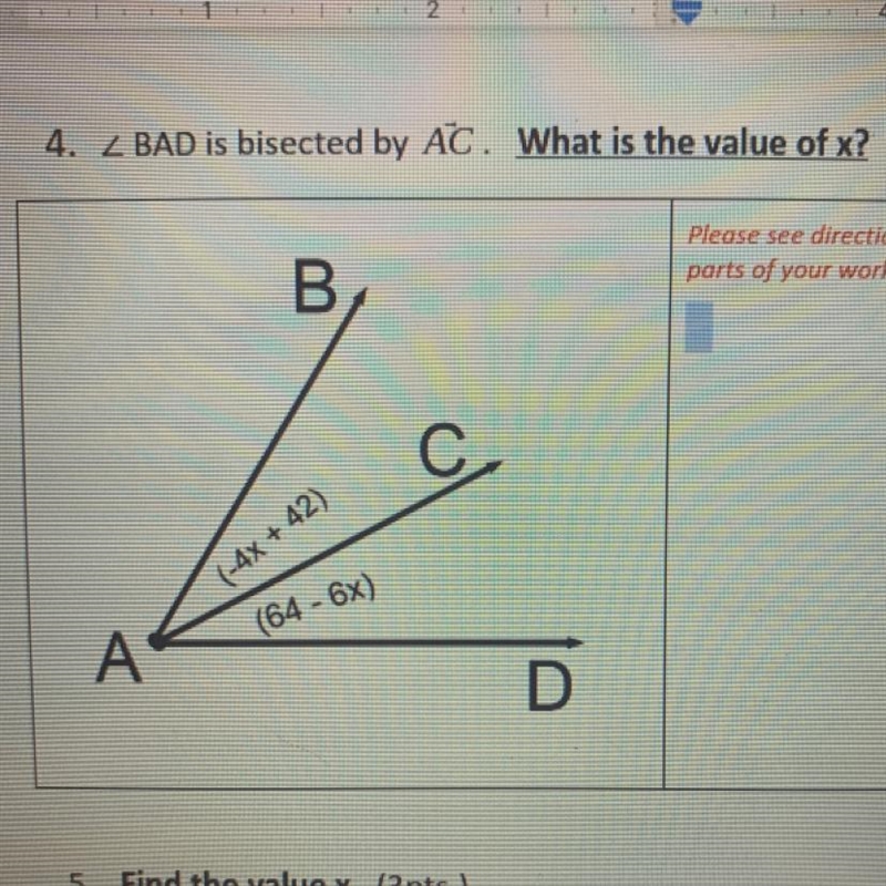 4. Z BAD is bisected by AC. What is the value of x? (3pts) Please see directions on-example-1