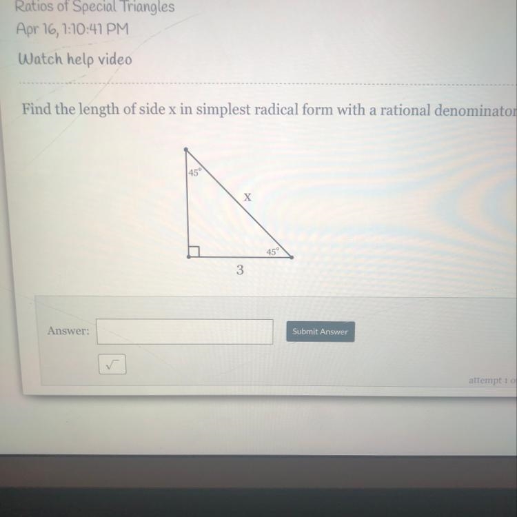 Find the length of side x in simplest form with a rational denominator-example-1