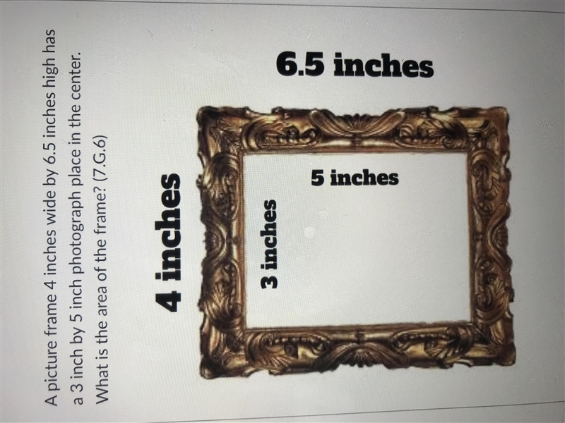 A picture frame 4 inches wide by 6.5 inches high has a 3 inch by 5 inch photograph-example-1