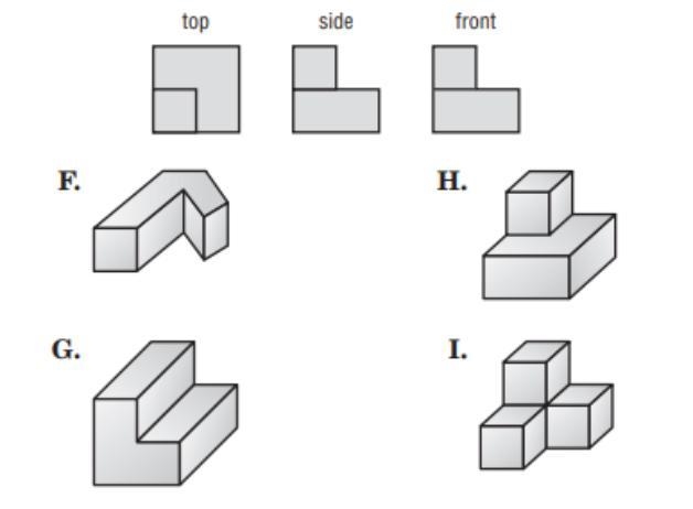 Which solid has the top, the side, and the front views given?-example-1