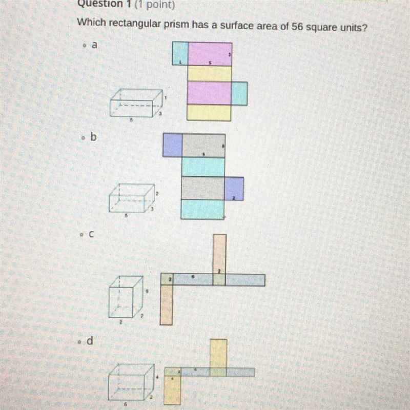 Which rectangular prism has a surface area of 56 square units? ва-example-1