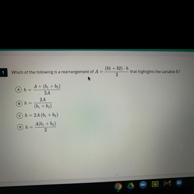 Which of the following is a rearrangement of A (61 +62) · h that highlights the variable-example-1