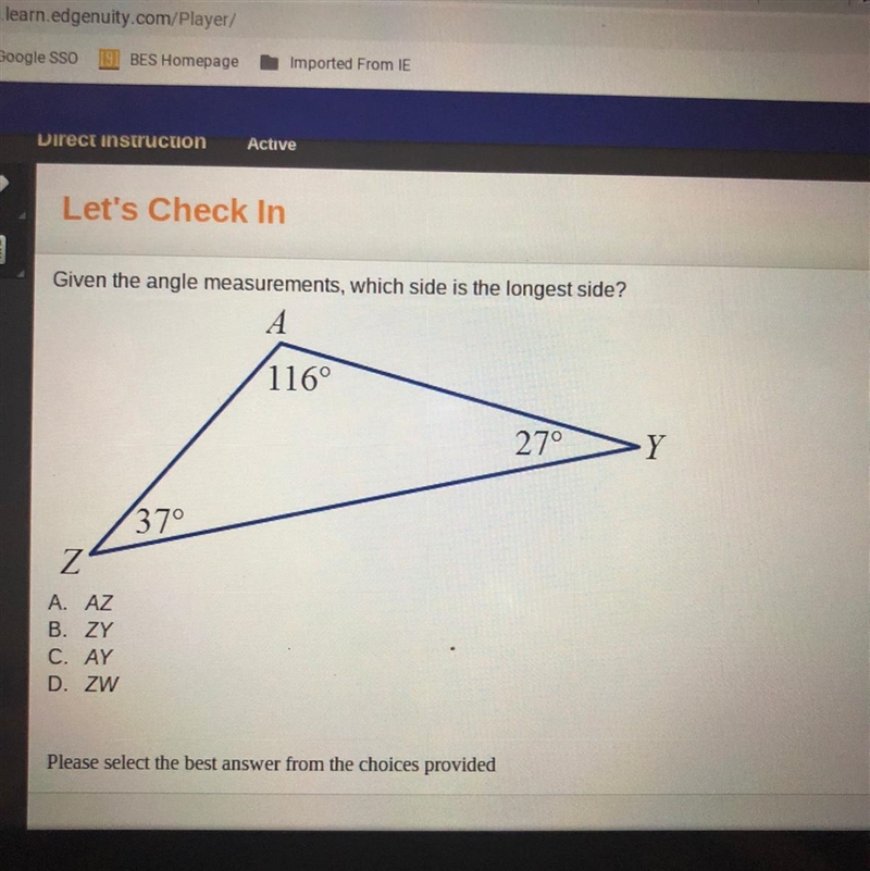 A 116° 27° .Y 37° Z A. AZ B. ZY C. AY D. ZW-example-1