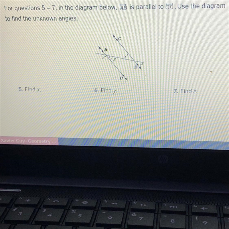 For questions 5-7 in the diagram below, AB is parallel to CD. Use the diagram to find-example-1