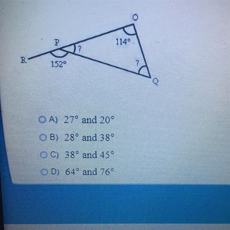 HELP PLEASE The triangle shown has an exterior angle that measures 152°. Find the-example-1