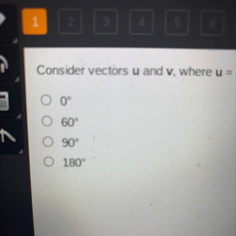 Consider vectors u and v, where u = (1, -1) and v = (1, 1). What is the measure of-example-1