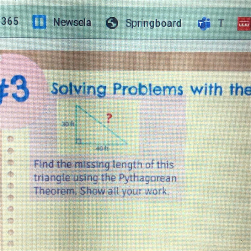 Find the missing length of this triangle using the Pythagorean Theorem. Show all your-example-1