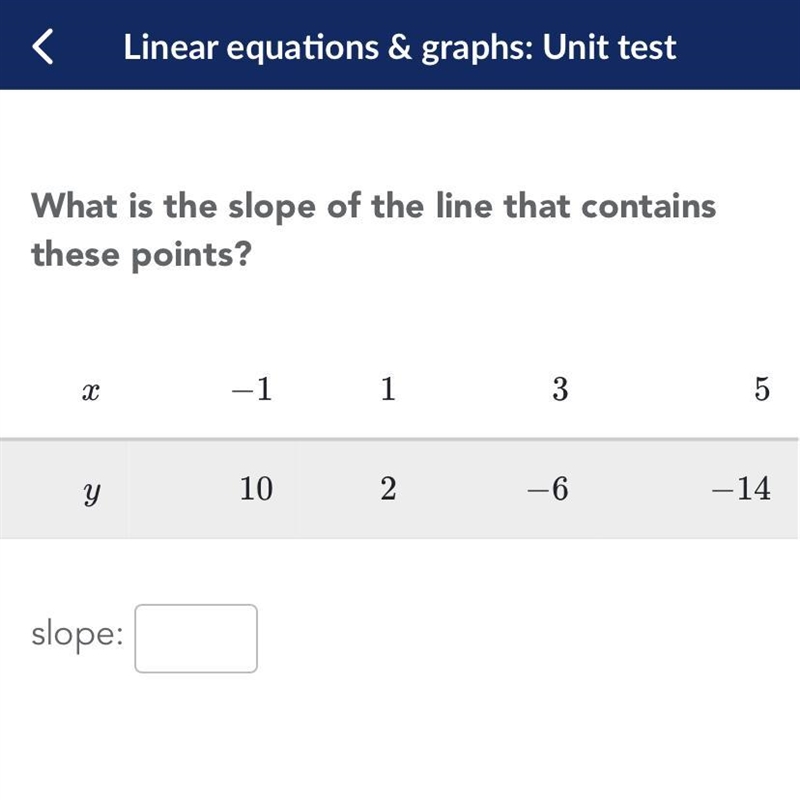 What is the slope of these lines that contain these points (-1,10) (1,2) (3,-6) (5,-14)-example-1