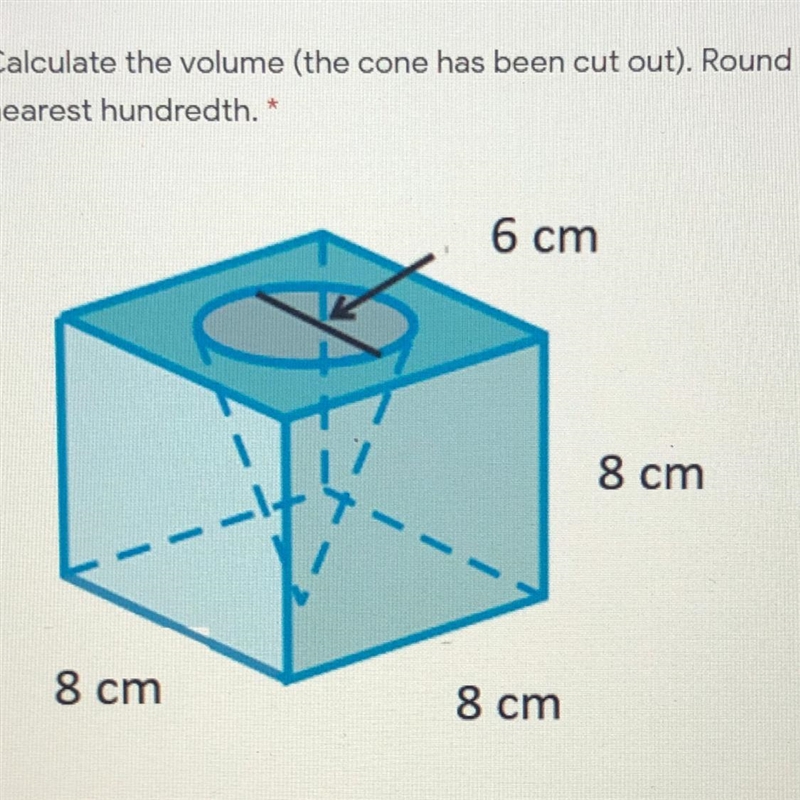 Calculate the volume (the cone has been cut out). Round your answer to the nearest-example-1