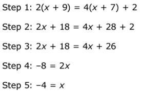 (20 Points) Emily is solving the equation 2(x + 9) = 4(x + 7) + 2. Her steps are shown-example-1