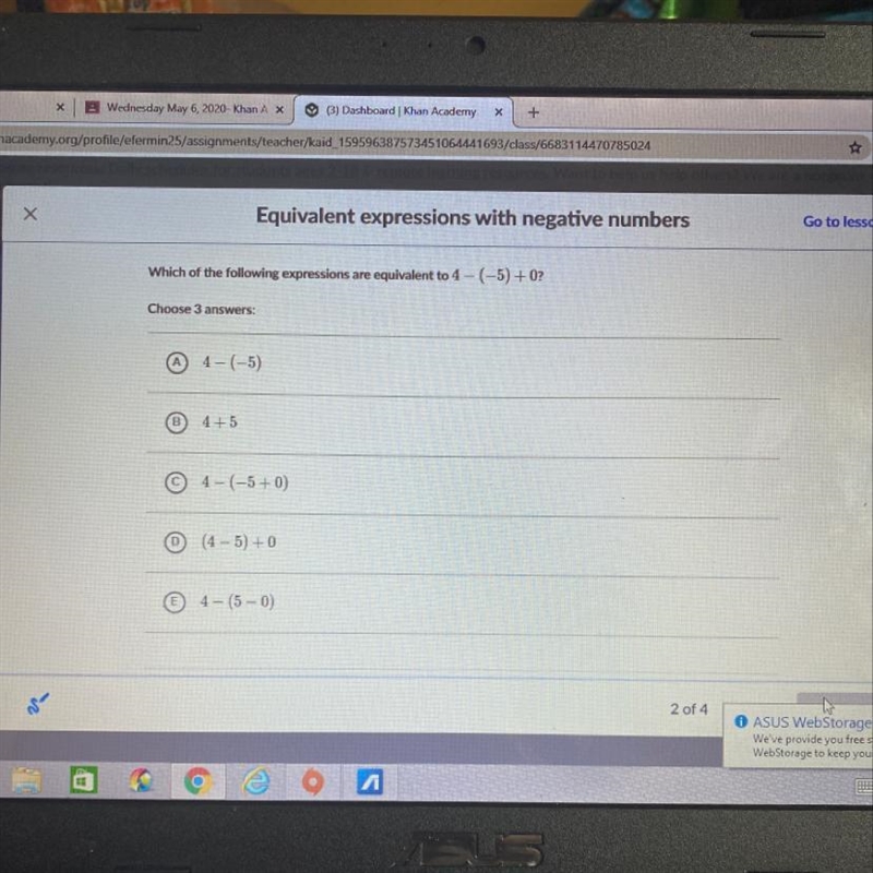 What is equivalent to 4- (-5) + 0?-example-1