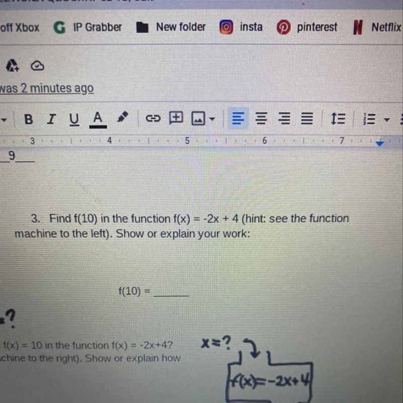 Find F(10) in father function f(x) =-2x+4 Need answers ASAP-example-1