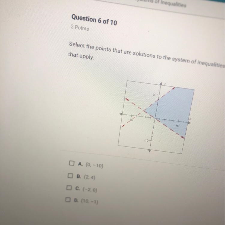 Select the points that are solutions to the system of inequalities select all that-example-1